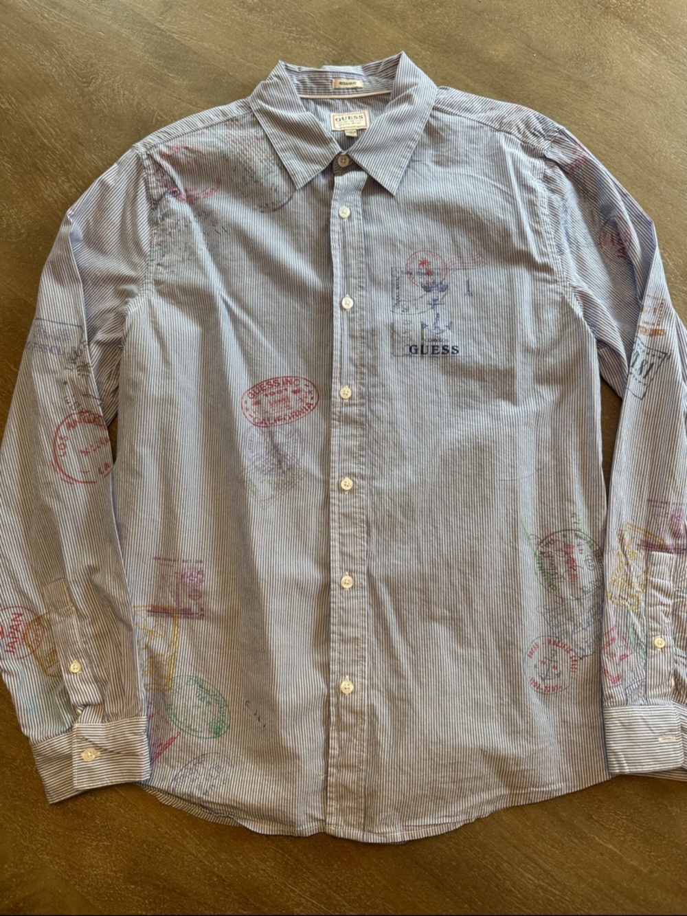 Guess Men's Light Blue Pinstripe Shirt with Multi-Stamp Print